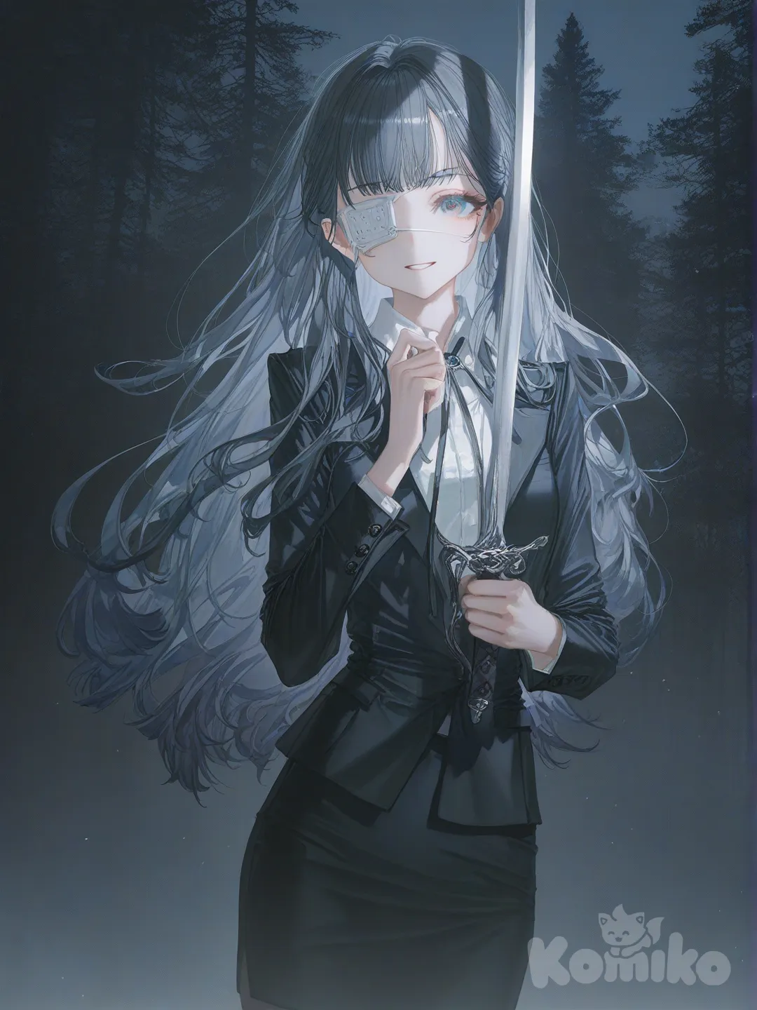 1girl, [soft-light-illustration-style], holding sword, smile, pencil skirt, eye patch, upper body, portrait, cinematic lighting, night, forest, village