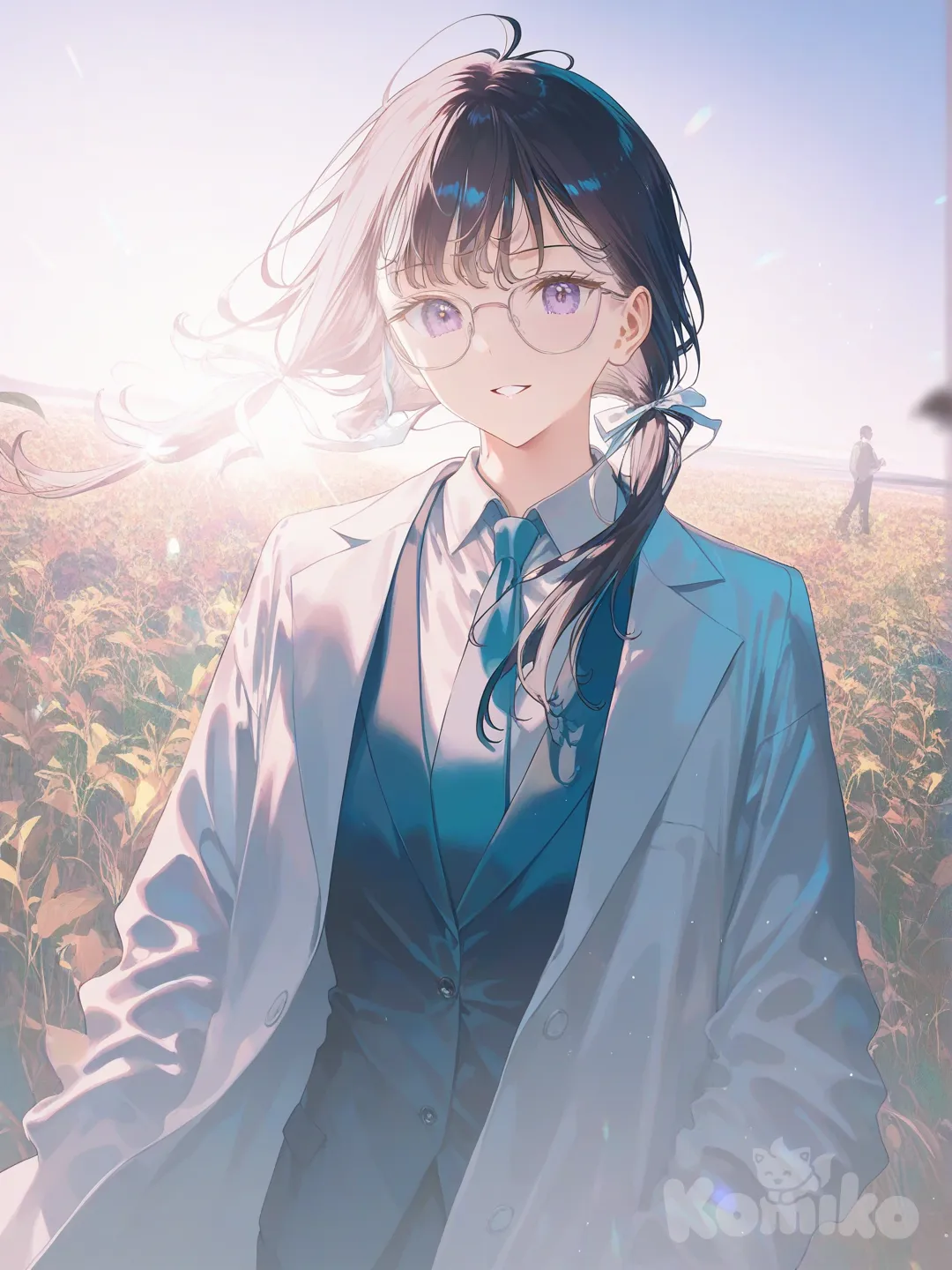 1girl, [iridescent-style], smile, lab coat, cargo pants, suit, glasses, navy blue, klein blue, portrait, upper body, day, field, leaves falling