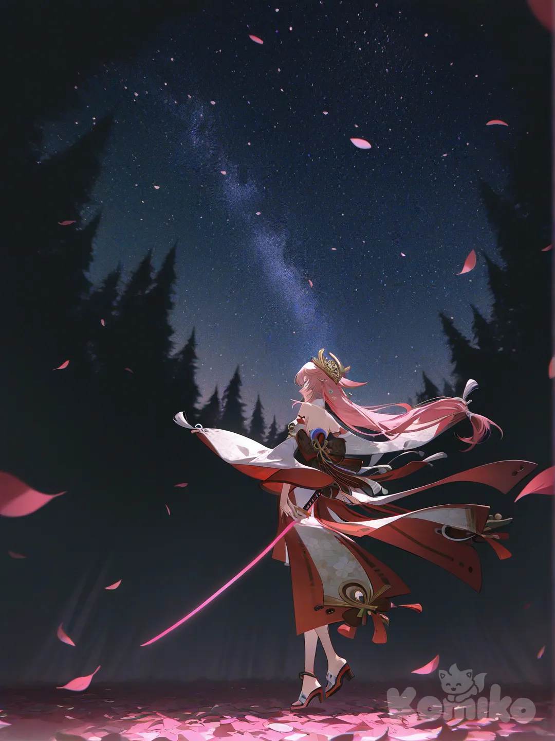 [high-contrast-glossy-style], holding sword, Yae Miko, full body, cinematic lighting, forest, starry sky, leaves falling