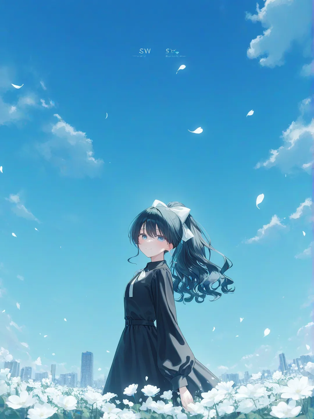 1girl, [soft-pastel-style], smile, little black dress, bow, fluffy curls, high ponytail, navy blue, klein blue, portrait, upper body, cinematic lighting, city lights, day, blue sky, cloud, leaves falling, flower field