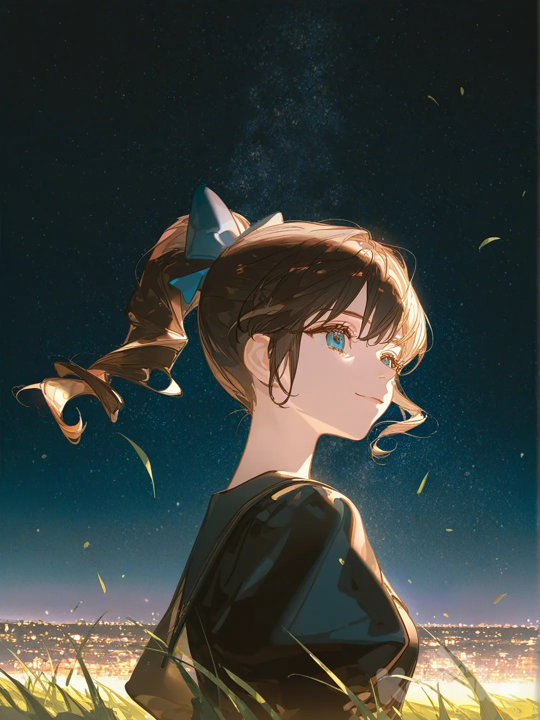 1girl, [dazzling-illustration-style], smile, little black dress, bow, high ponytail, spiral curls, navy blue, klein blue, portrait, upper body, night, cinematic lighting, city lights, starry sky, Grass field,wind blowing.
