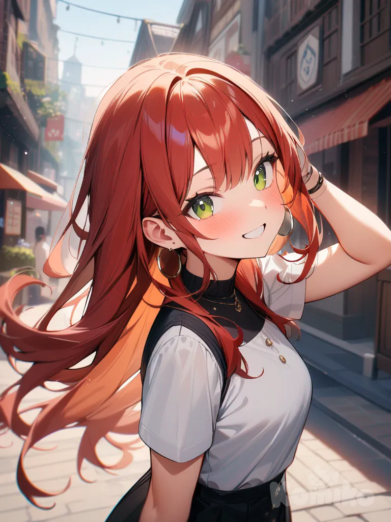1girl, outdoors, blush, smile, jewelry, looking_at_viewer, green_eyes, long_hair, hoop_earrings, red_hair, hair_ornament, earring, bang, short_sleeves".