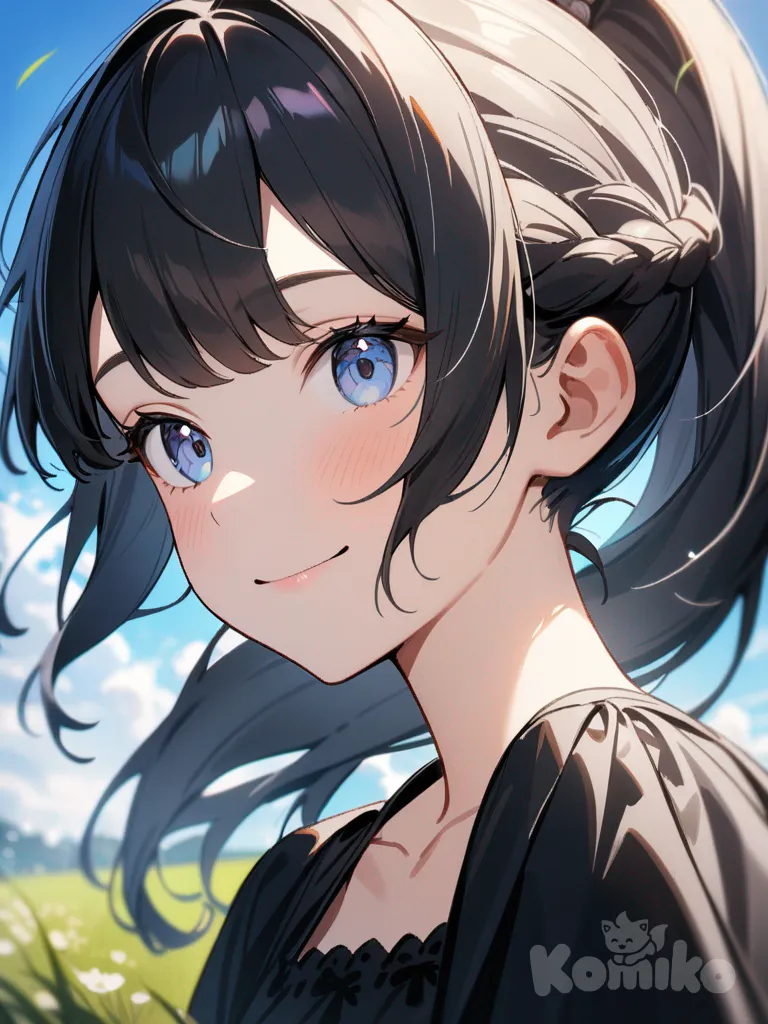 1girl, [iridescent-style], smile, little black dress, bow, high ponytail, french braid, navy blue, klein blue, portrait, upper body, day, cloud, blue sky, grass