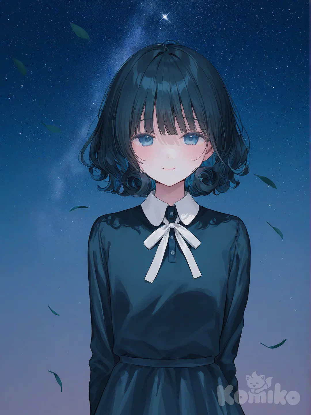 1girl, [soft-pastel-style], smile, little black dress, bow, spiral curls, fluffy curls, navy blue, klein blue, portrait, upper body, night, cinematic lighting, city lights, gradient background, field, starry sky, leaves falling