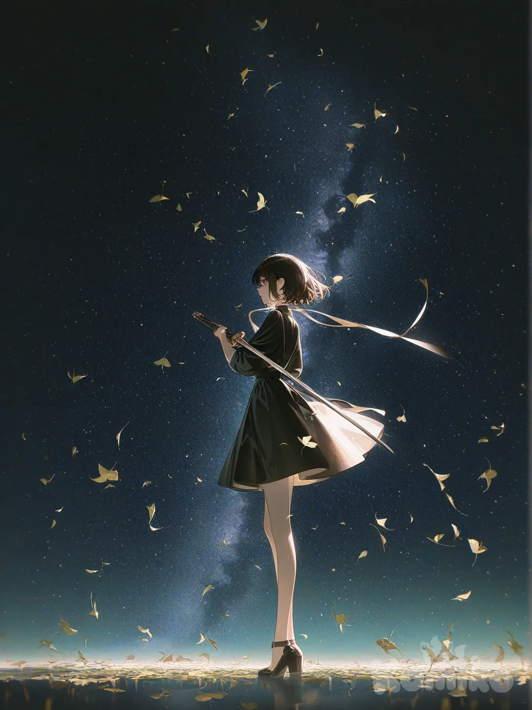 1girl, [high-contrast-glossy-style], holding sword, black dress, full body, looking away, cinematic lighting, starry sky, leaves falling