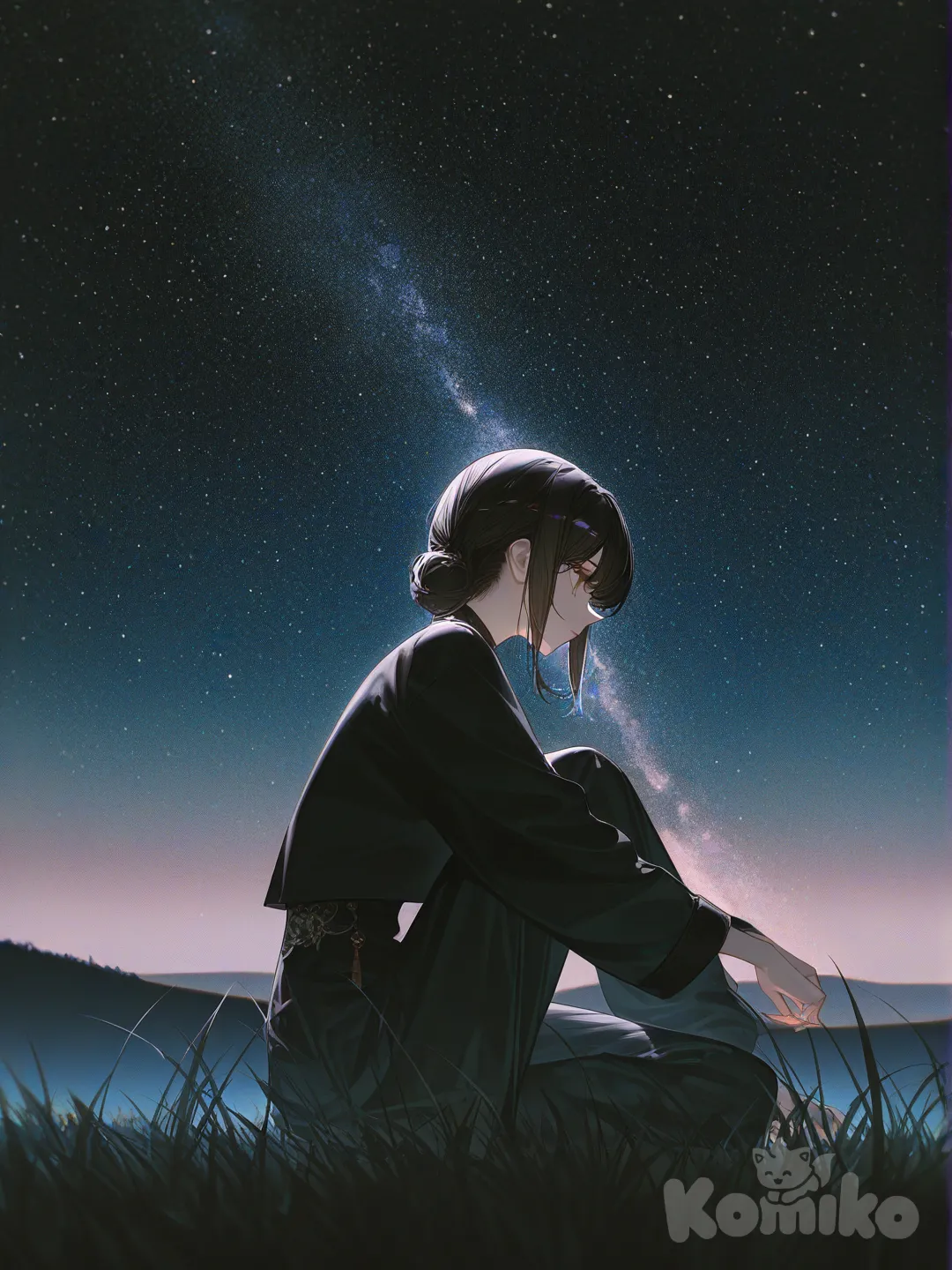 1girl, [high-contrast-glossy-style], sitting on the ground, chinese clothes, full body, side profile photo, cinematic lighting, grassland, starry sky