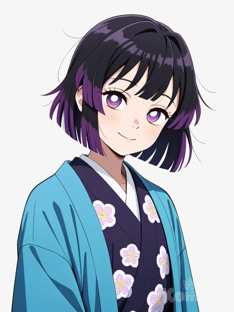 1girl, demon slayer style, original character, solo female, teenager, slim athletic build, messy hair, short hair, bob cut, black hair, purple highlights, magenta eyes, haori, floral print, elegant clothing, soft smile, confident expression, single character, full body, looking at viewer, anime style, simple background, white background