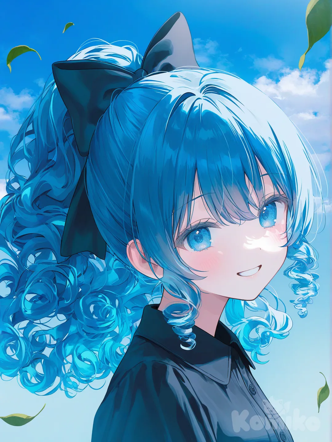 1girl, [soft-pastel-style], smile, little black dress, bow, high ponytail, fluffy curls, spiral curls, navy blue, klein blue, portrait, upper body, day, cinematic lighting, blue sky, cloud, leaves falling