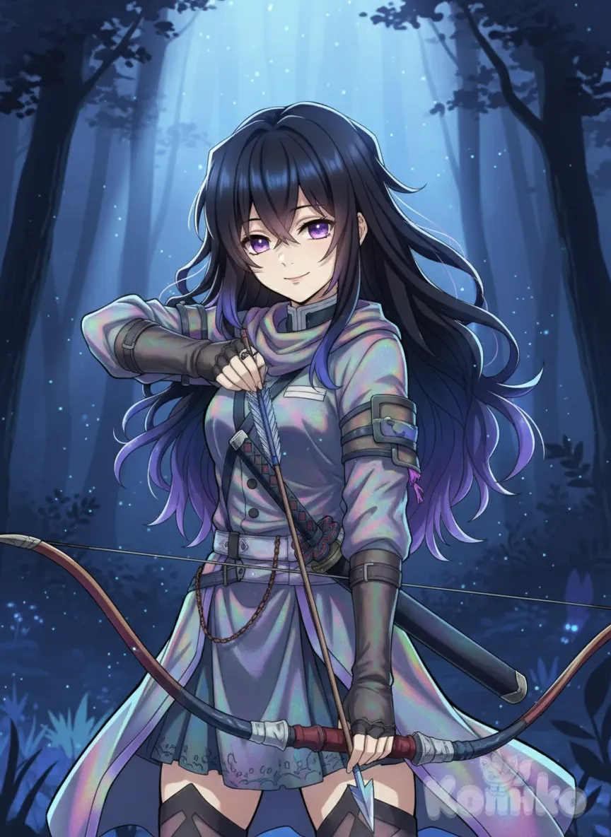 long messy Hairstyle , anime stye, animation,[iridescent-style], holding arrow and bow the warrior, smile, Melina Elden Ring Costume , straight bangs, navy blue, klein blue, night, cinematic lighting, gradient background, clean background, forest, 1000012977, anime style