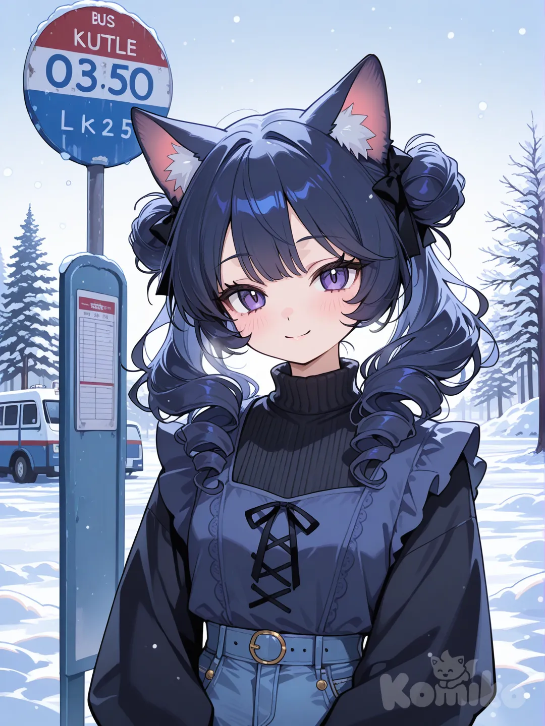 1girl, smile, vest, jeans, little black dress, bow, cat ears, fluffy curls, spiral curls, double buns, navy blue, portrait, upper body, ambient light, cinematic lighting, snowy, bus stop, gradient background