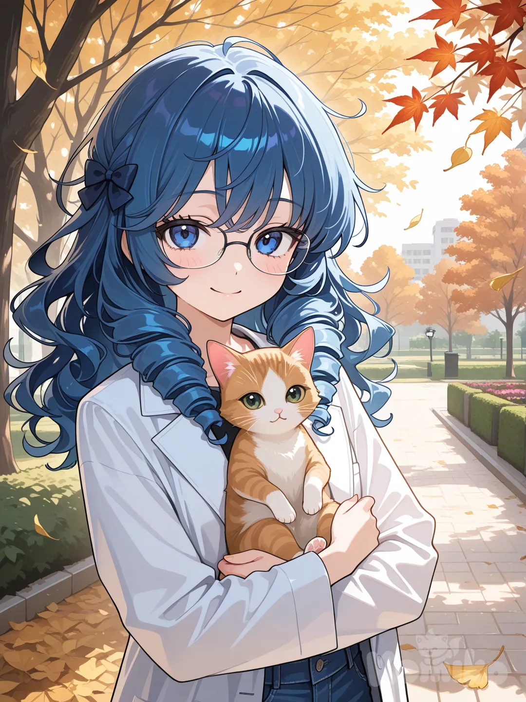 1girl, smile, lab coat, jeans, bow, glasses, messy hair, fluffy curls, spiral curls, navy blue, klein blue, portrait, closeup, ambient light, cinematic lighting, day, garden, park, leaves falling, holding a cute kitten in her arms.