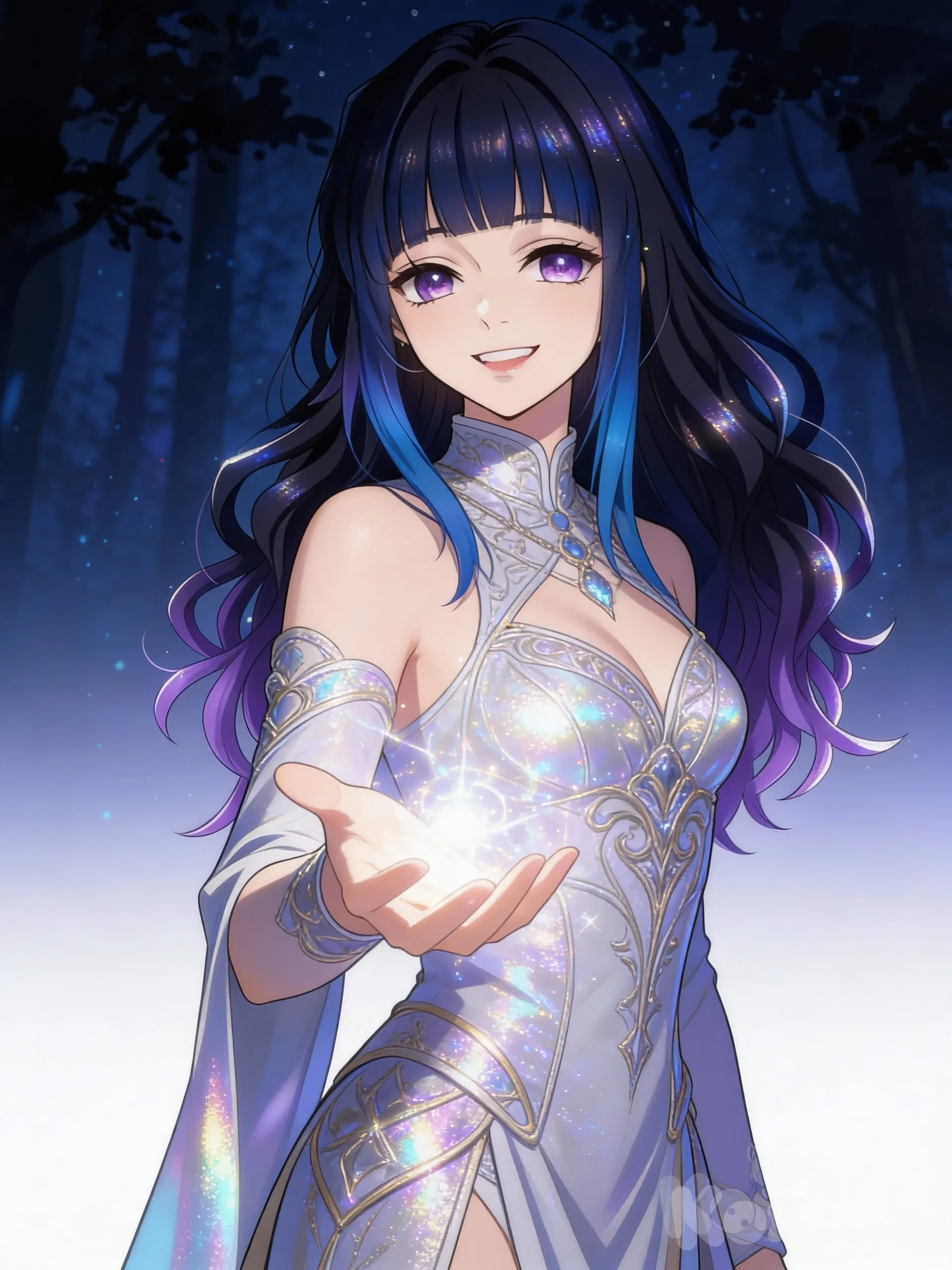 @suzume-miyazaki-dkFc, Animation , [iridescent-style], doing magic by hand , smile,Melina Elden Ring Costume , straight bangs, navy blue, klein blue, night, cinematic lighting, gradient background, clean background, forest