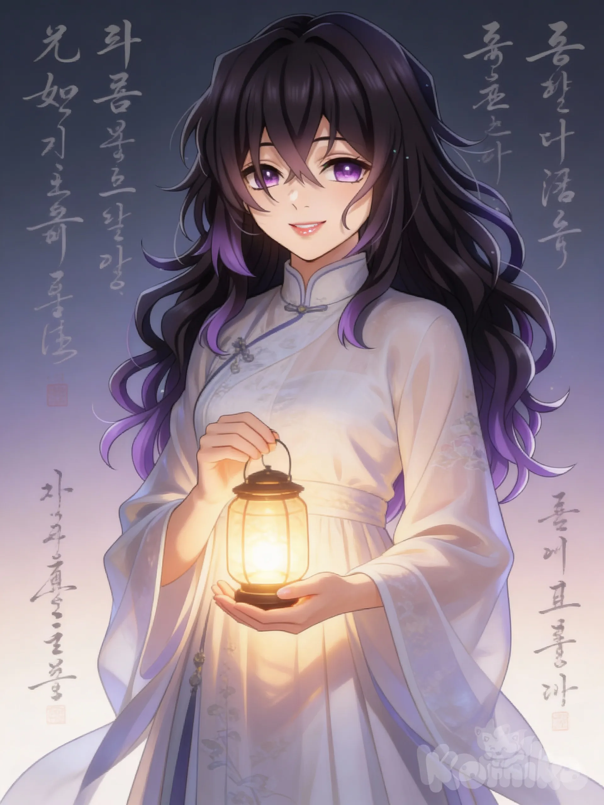 @suzume-miyazaki-dkFc , [semi-realistic-portrait-style], traditional chinese text, beautiful, wearing chinese traditional dress, smiling at the viewers, holding a little lantern glowing softly, ambient light, cinematic lighting, gradient background