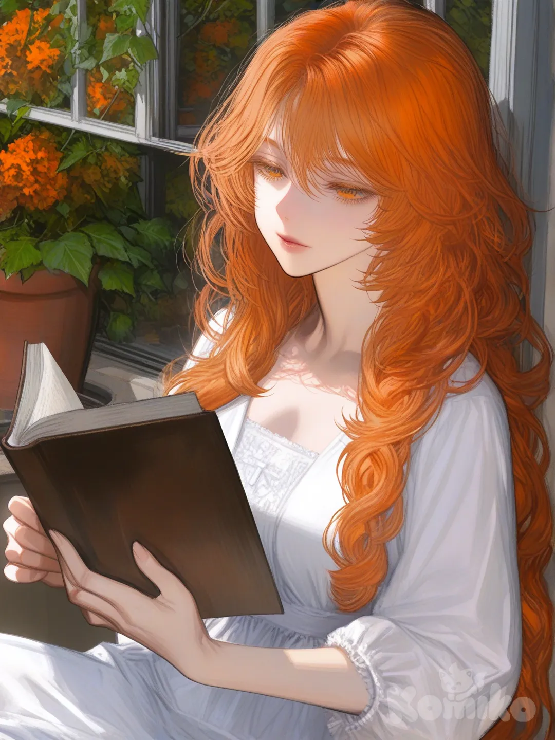 "woman in white dress reading book on arched yellow stone windowsill, ivy vines potted flowers, orange autumn tree outside open window, golden sunlight, serene atmosphere, digital art" �. Add parameters like (highly :1.2), soft lighting, in the style of Alphonse Mucha for refined outputs, [semi-realistic-portrait-style]