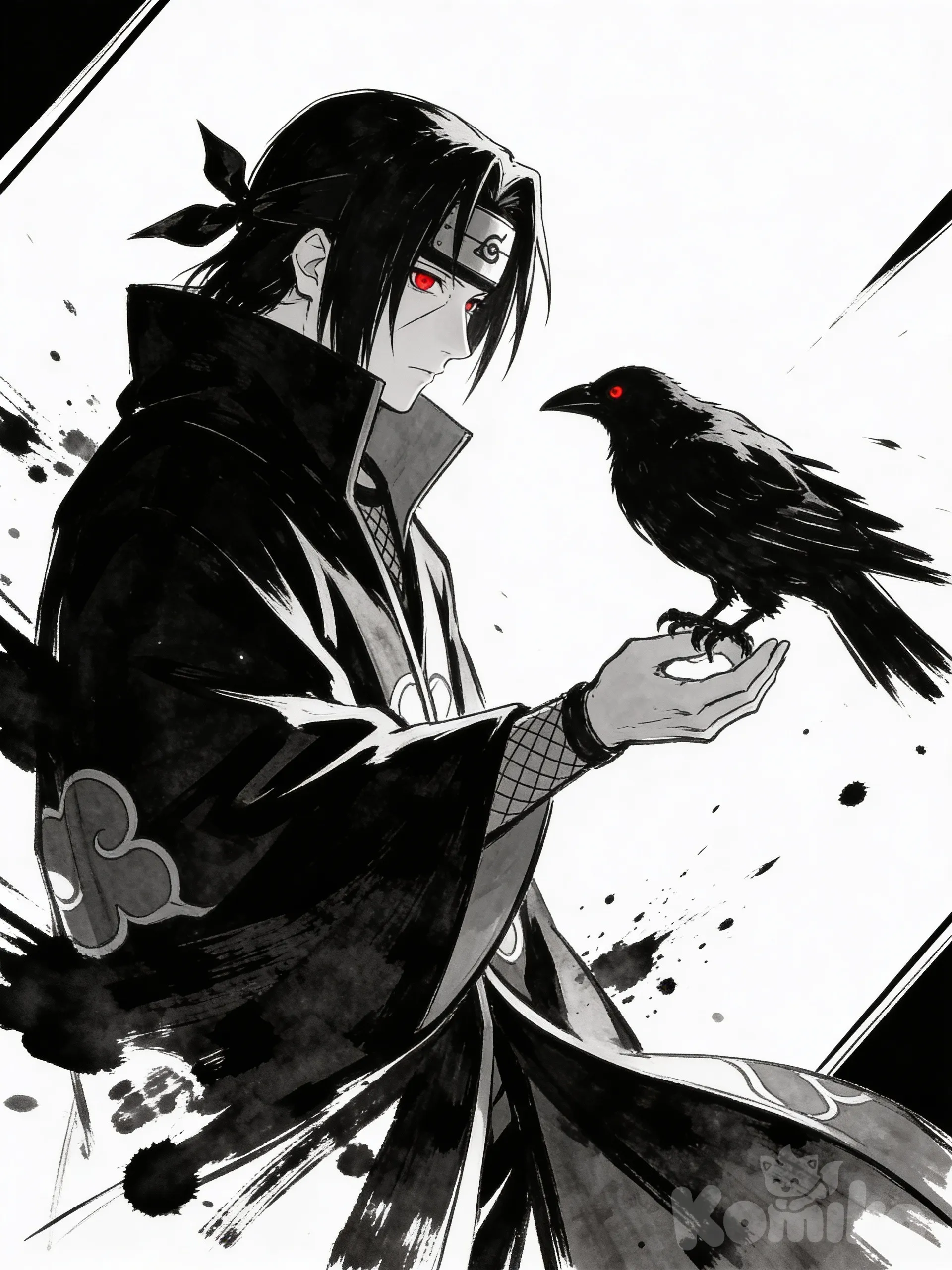 1000016833,High-contrast anime illustration of Itachi Uchiha from Naruto, side profile, wearing his Hidden Leaf headband and Akatsuki cloak. He is holding a large black crow on his hand, looking at it intensely. Art style: minimalist ink sketch, rough brushstrokes, heavy black ink splatters, monochromatic with selective red for his Sharingan eyes, clean white background, sharp edges, moody and cinematic.