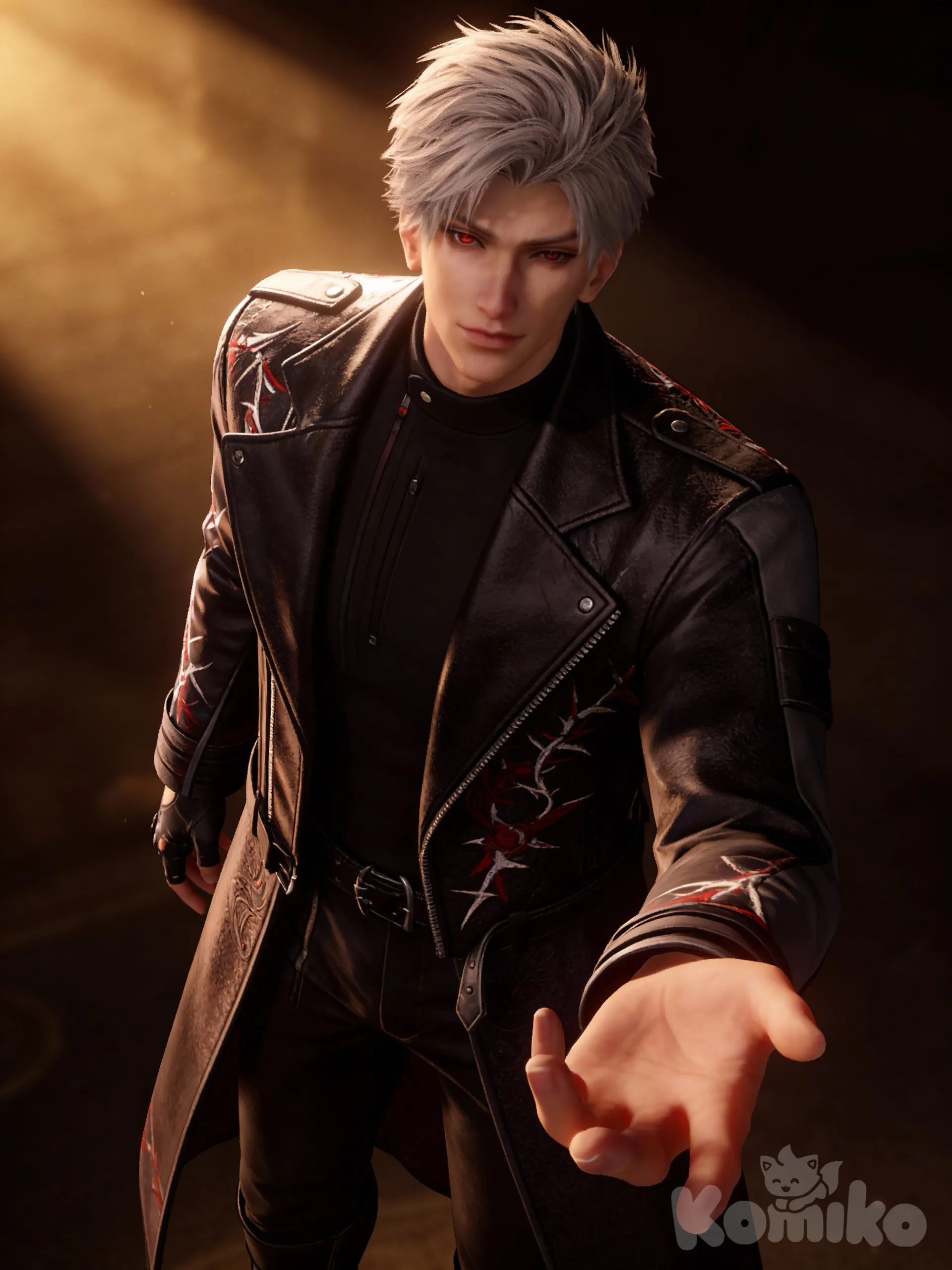 @Sylus,Ultra-realistic 3D CGI render of a handsome man with messy silver hair and glowing red eyes. He is wearing a black shirt and a dark textured overcoat with red accents. He is extending his hand toward the viewer with a confident expression. Cinematic lighting with deep shadows and warm highlights, high detail, 8k resolution, game character concept art style."