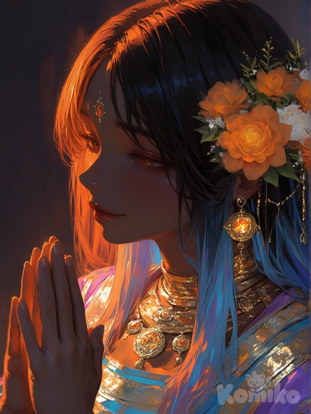 1girl"A hyper-realistic oil painting of a beautiful young Indian woman in a prayer pose (Namaste). She has deep, expressive dark eyes, a small red bindi, and glowing skin. She is wearing traditional gold jewelry, including a necklace, ornate earrings, and a maang tikka. Her hair is dark with a blueish sheen, adorned with orange flowers. She is dressed in a light blue and purple silk saree. The lighting is warm and cinematic, highlighting her face against a soft, dark temple-like background. quality, fine brushstrokes, vibrant colors, elegant and serene atmosphere.", [sweet-painting-style]