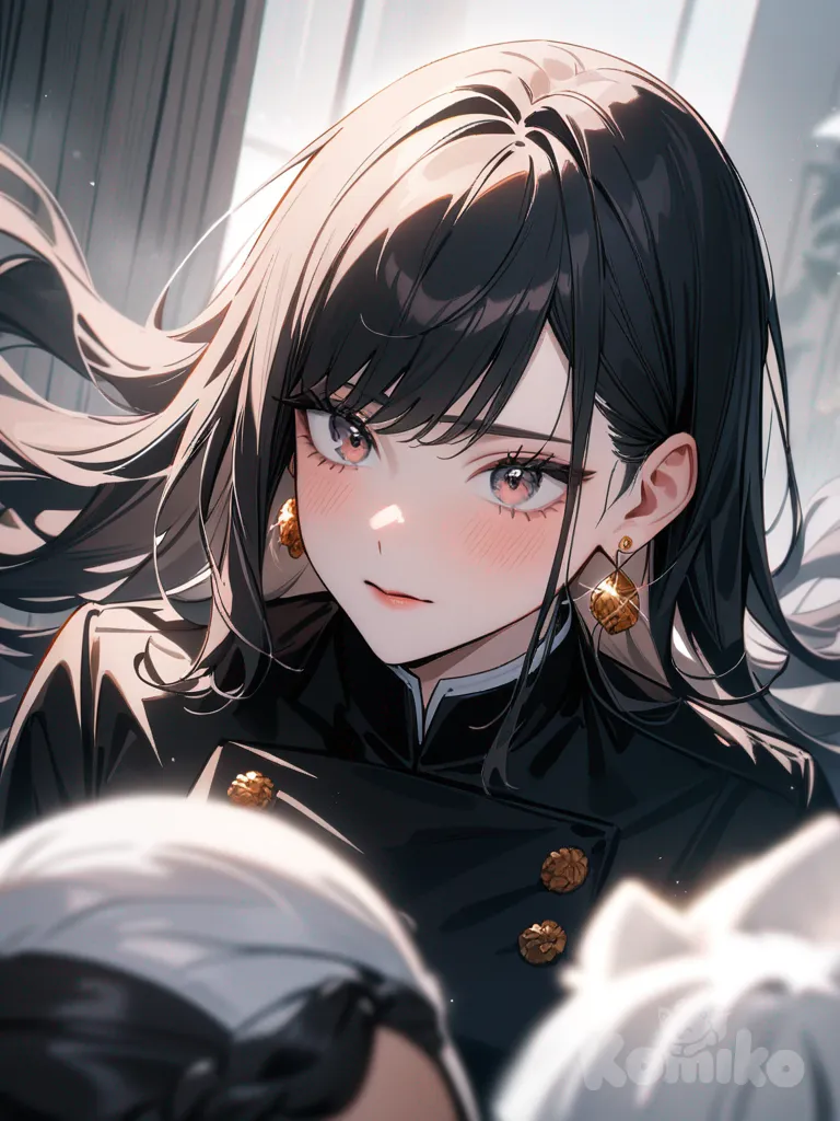 i need curtain bangs which is pink and rest hair black, girl jujutsu kaisen uniform dress, and theme jujutsu kaisen eyes pinkdiamond earrings