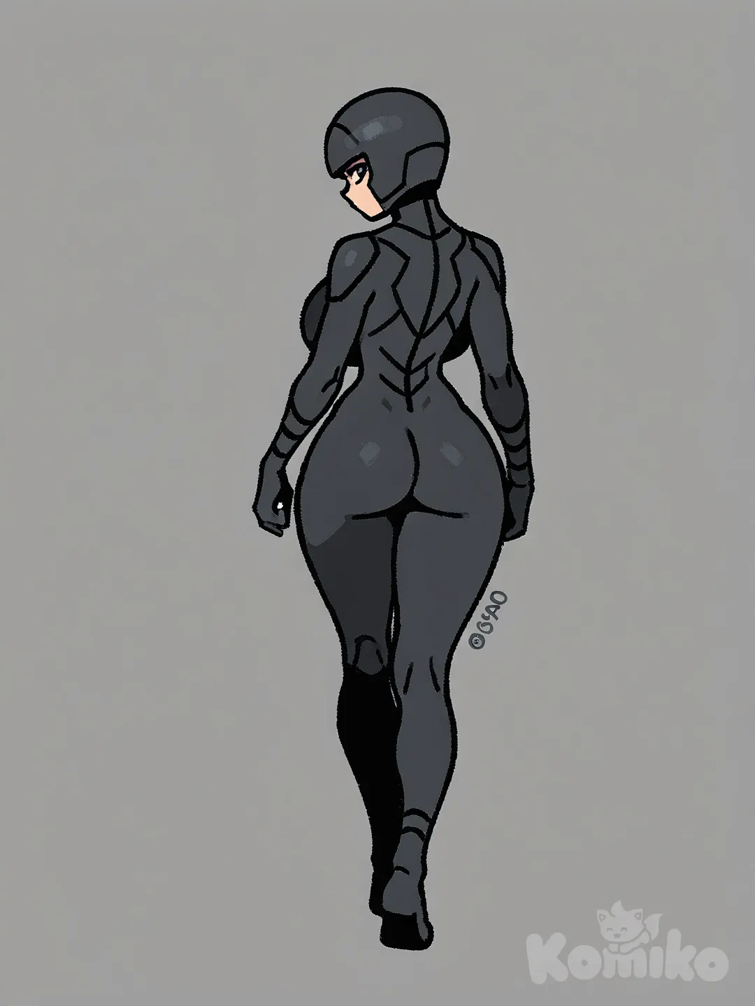futanari, breasts bigger than head, slim waist, black bodysuit, from behind, looking back,
full body, [thick-outline-style], clean background, white background, water mask with 100% opacity, without watermark