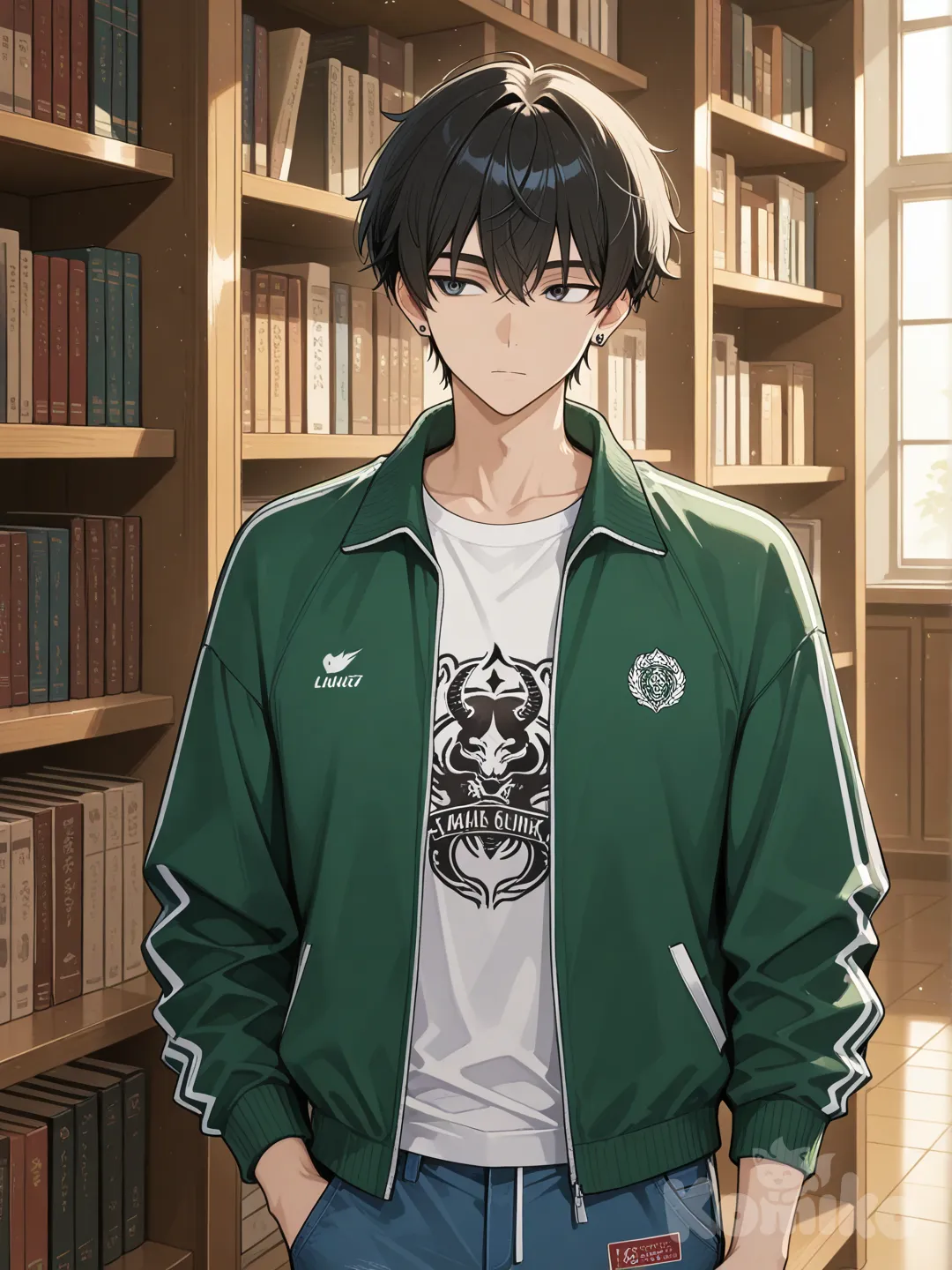 1boy, t-shirt, jeans, tracksuit, earrings, side part, charcoal black, upper body, rim light, library