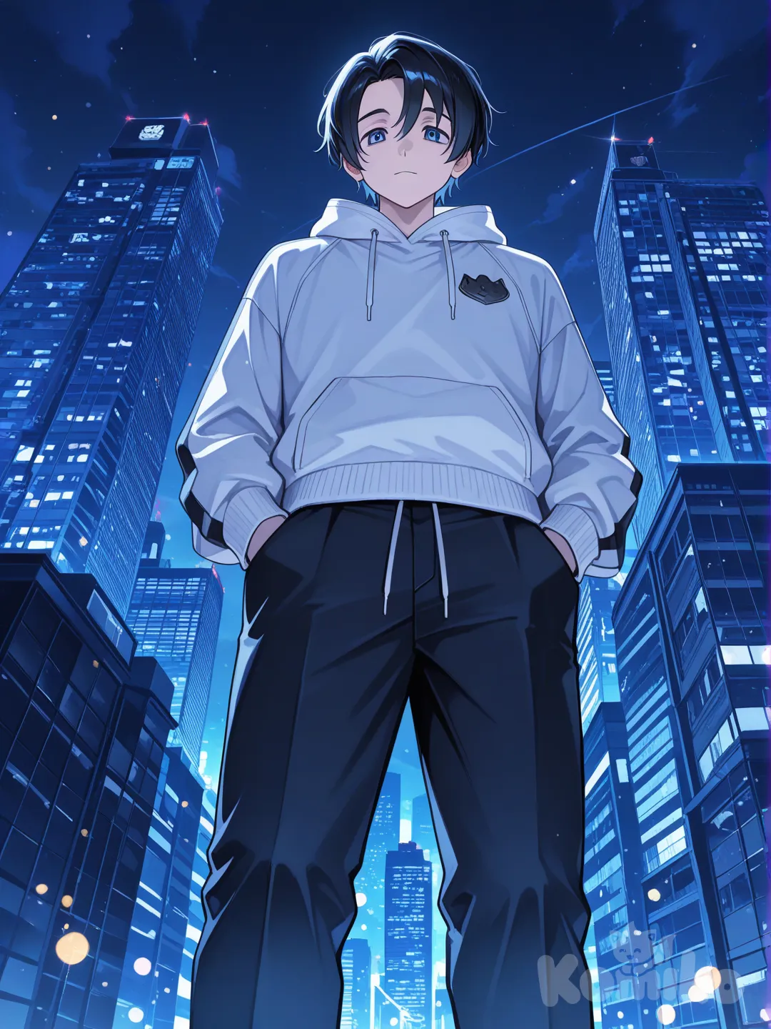 @Okkotsu_Yuuta, hands in pockets, from below, city lights, skyscraper