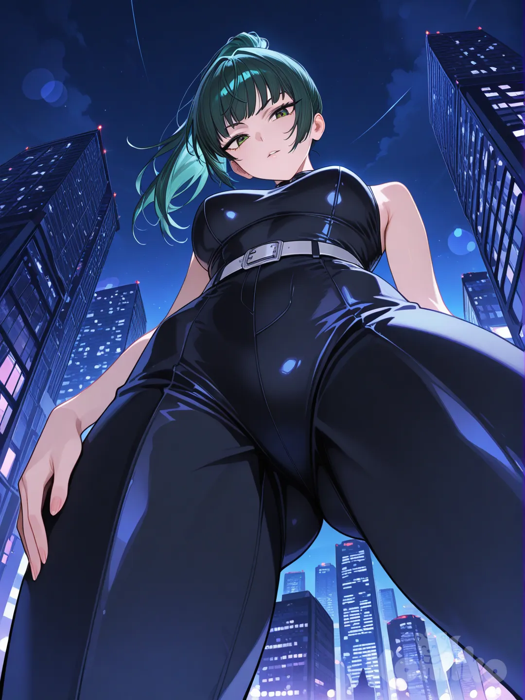 @Zen'In_Maki, head tilt, from below, city lights, skyscraper