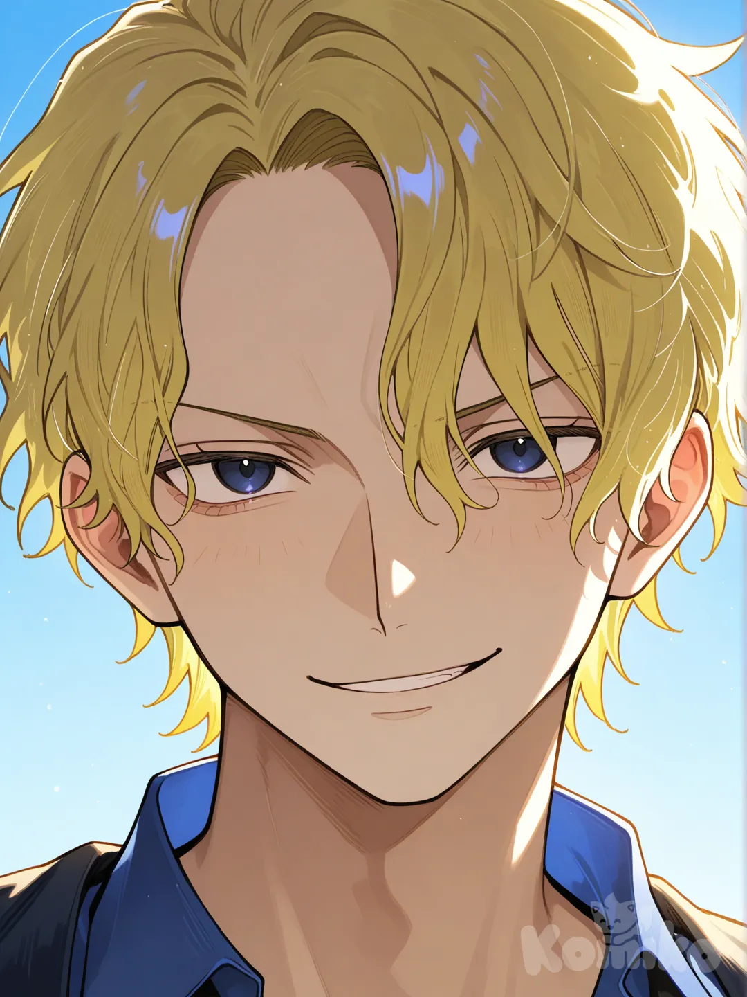 @Sabo_(One_Piece), smirk, head tilt, portrait, backlight, blue sky