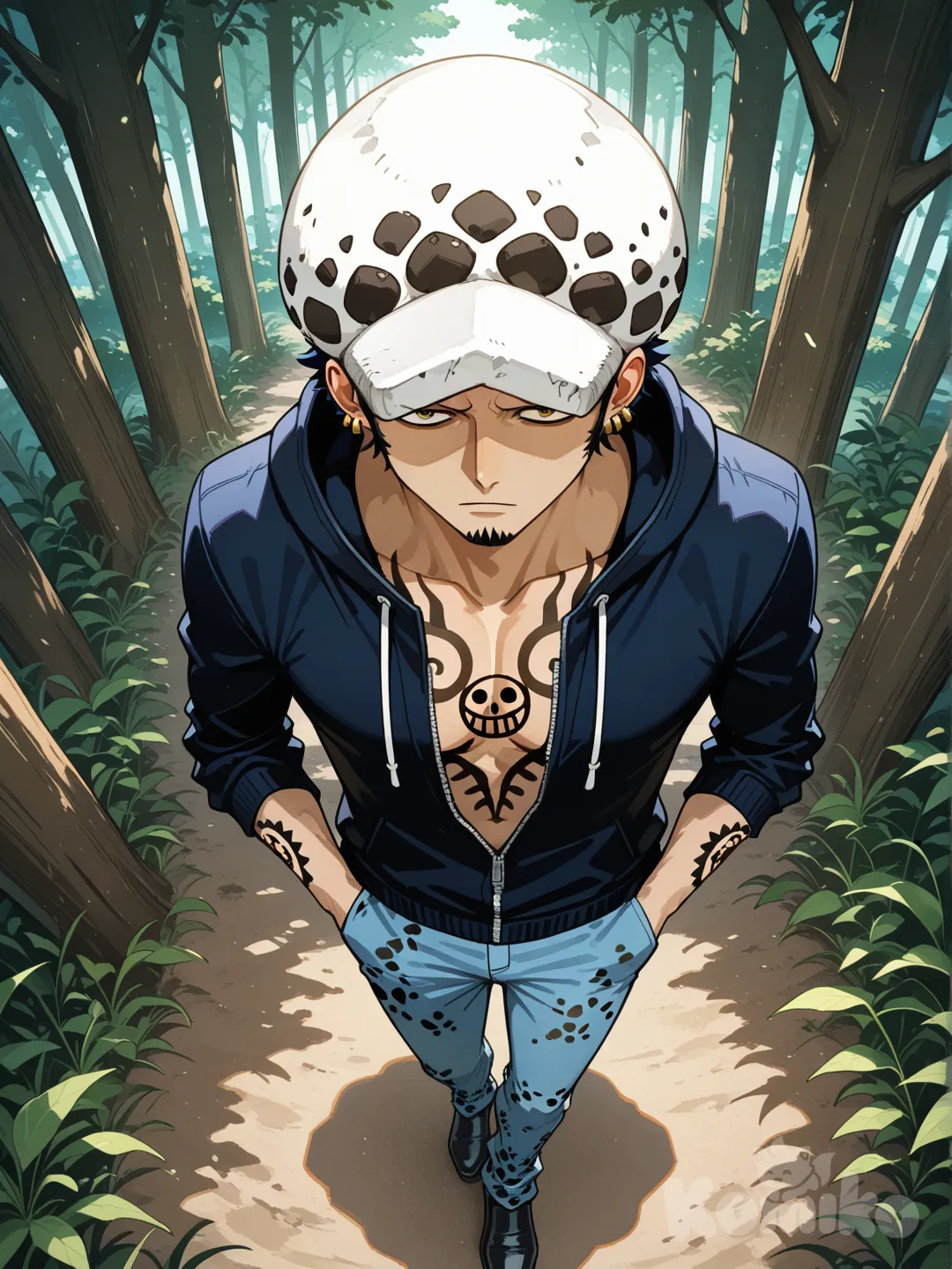 @Trafalgar_Law, hands in pockets, expressionless, bird's-eye view, day, forest