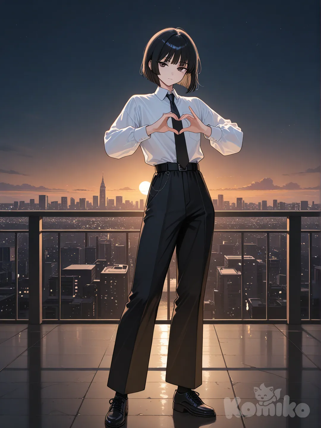 1boy, heart hands, bohemian shirt, wide-leg pants, evening dress, plastic, tie, bob cut, charcoal black, full body, rim light, cityscape