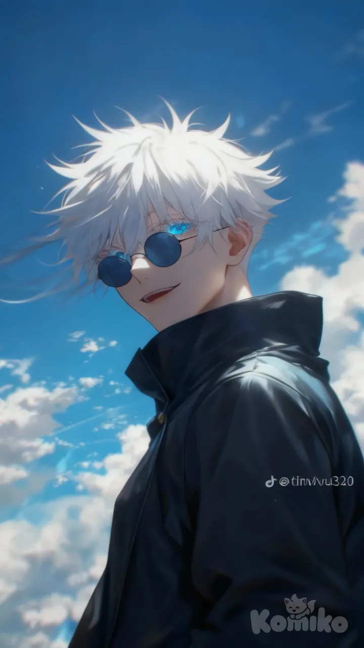 Gojo Satoru from Jujutsu Kaisen, standing under a bright blue sky with fluffy white clouds, wearing a high-collar black jacket, stylish and confident expression, light shining on his silver-white hair, cool anime art style, blue eyes glowing slightly behind round sunglasses, cinematic lighting, wind blowing his hair, ultra-realistic anime illustration, high detail, soft shading, depth of field, sky background, by Makoto Shinkai and MAPPA style