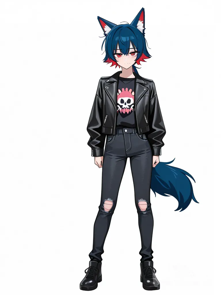 [toon-shaded-style] 1girl, teenager, tall, black hair, red hair, blue hair, pink streaks, red eyes, freckles, fair skin, black t-shirt, black punk leather jacket, black jeans, wolf ears, wolf tail, ponytail, short hair, realistic, cel shading, single character, full body, looking at viewer, anime style, simple background, white background