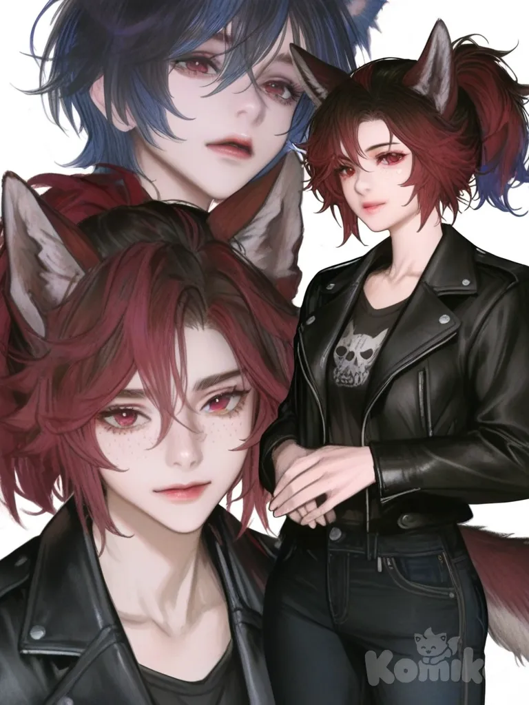[semi-realistic-portrait-style] 1girl, teenager, tall, black hair, red hair, blue hair, pink streaks, red eyes, freckles, fair skin, black t-shirt, black punk leather jacket, black jeans, wolf ears, wolf tail, ponytail, short hair, realistic, cel shading, single character, full body, looking at viewer, anime style, simple background, white background