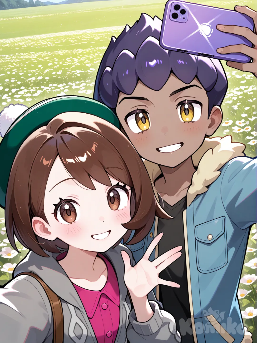 @Hop_(Pokemon), @Gloria_(Pokemon), waving, smile, headshot, day, flower field, selfie