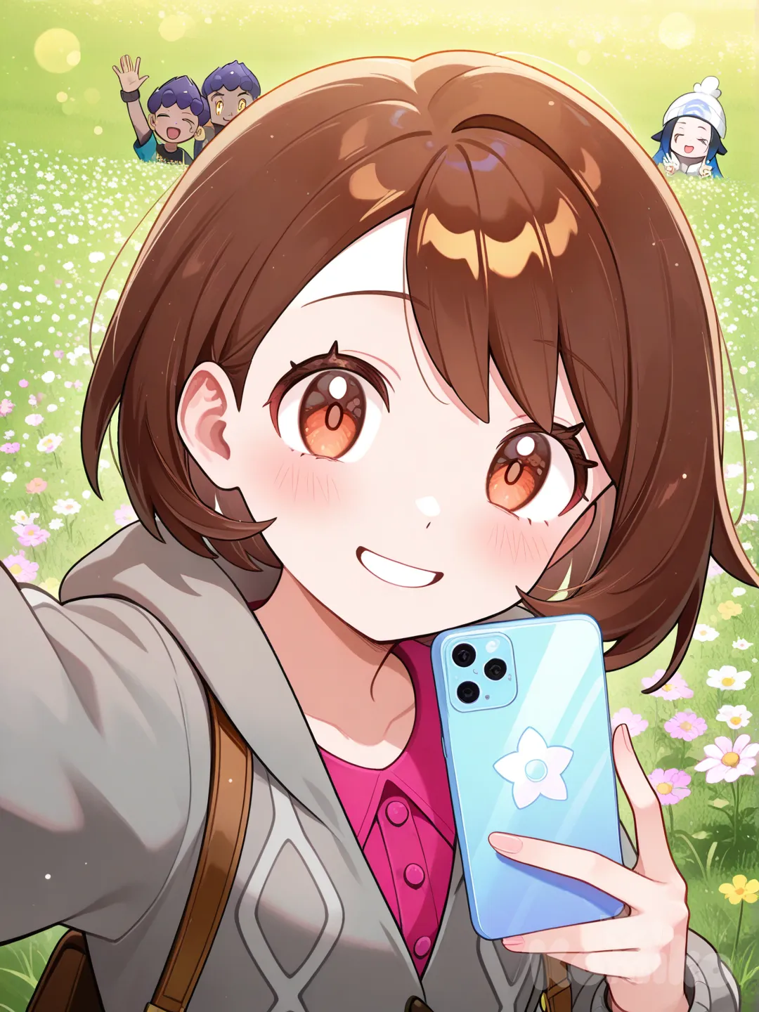 @Hop_(Pokemon), @Gloria_(Pokemon), @Nemo_(Pokemon), waving, smile, headshot, day, flower field, selfie