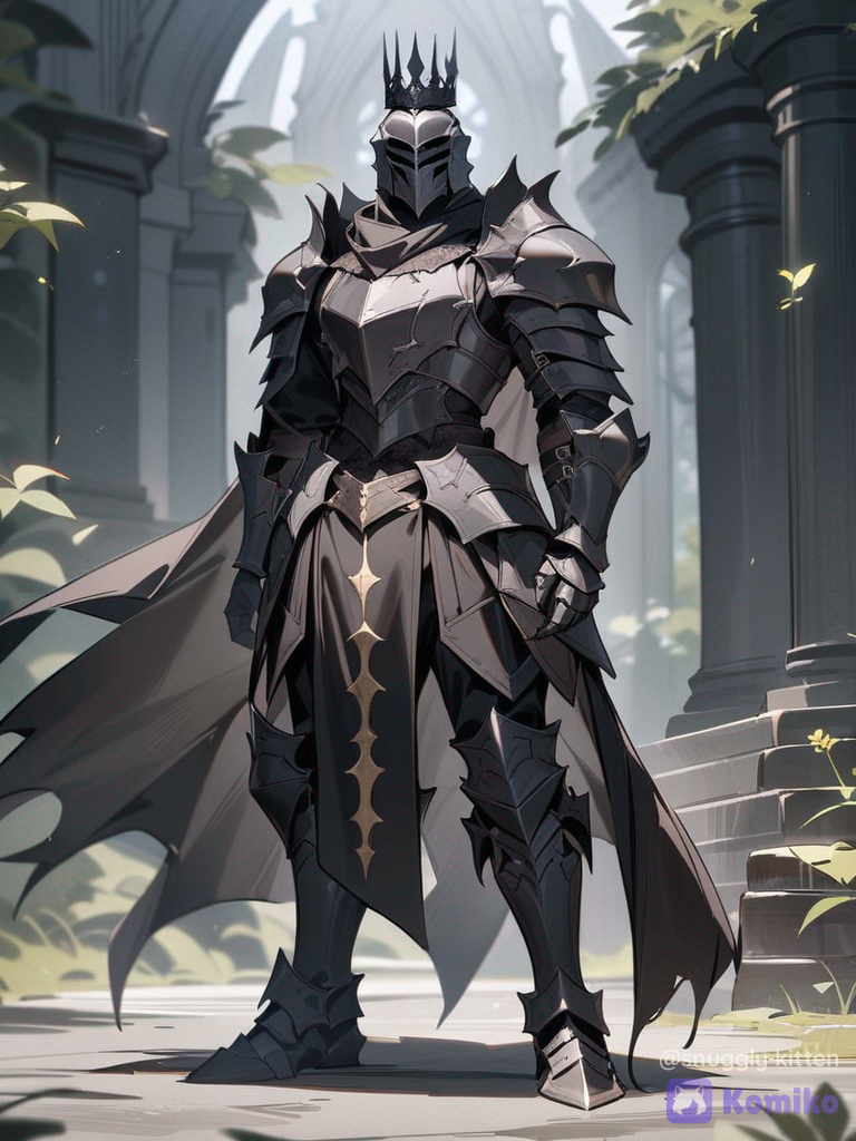 best_quality, newest, absurdres, 1boy, solo, full_body, standing, looking_at_viewer, dark_fantasy, armor, full_armor, full_plate_armor, gothic_armor, black_armor, helmet, closed_helmet, visor, crown, black_cape, gauntlets, sabatons, pauldrons, greatsword, holding_sword, glowing_eyes, red_eyes, battle_damage, scratches, dents, weathered_armor, skull, bone, engraved_armor, ornament, intimidating, imposing, detailed_armor, intricate_details, metal_shine, sharp, realistic, cinematic_lighting, dramatic_lighting, volumetric_lighting