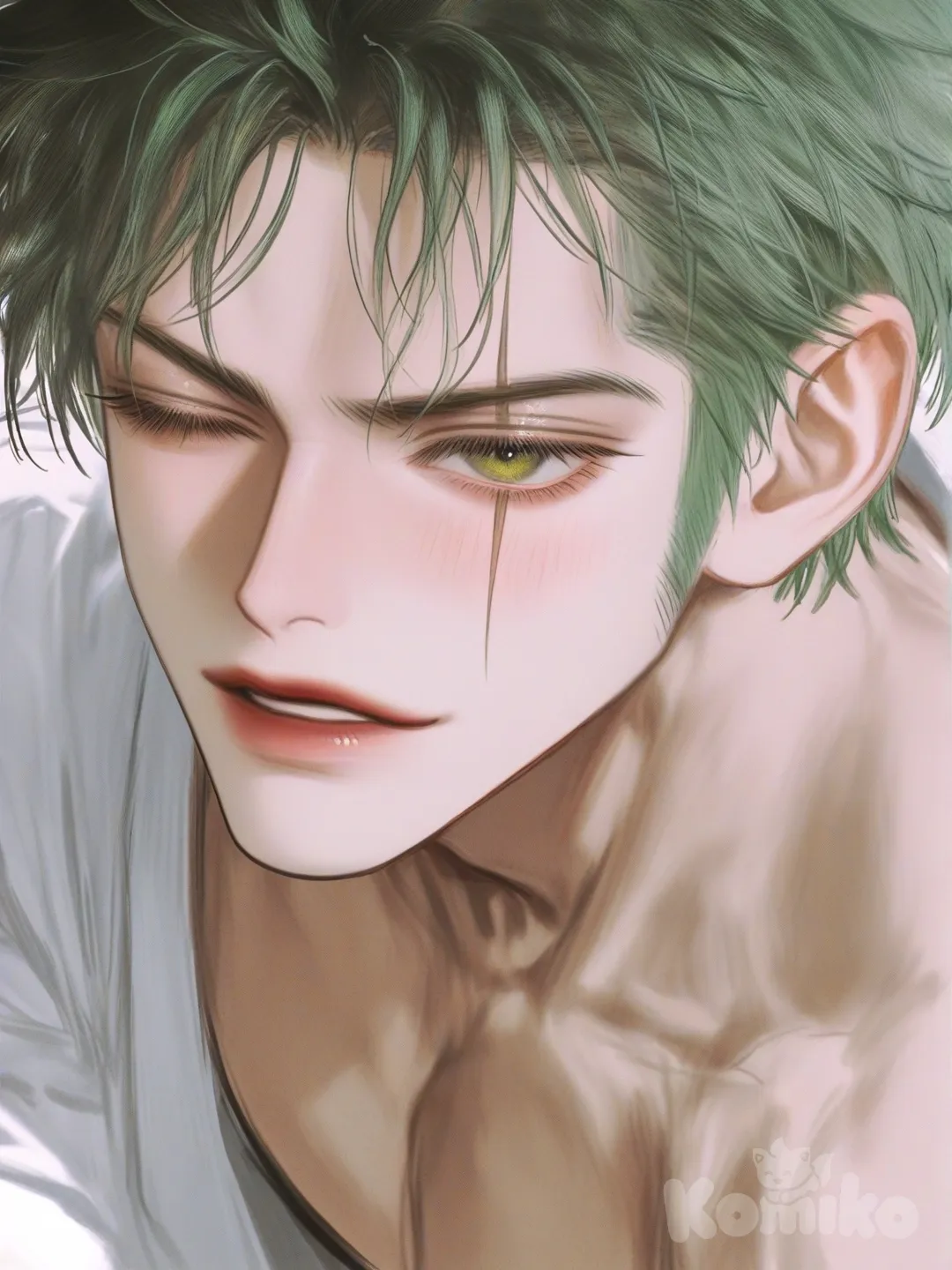 @Roronoa_Zoro, [semi-realistic-portrait-style], muscular, un ojo cerrado