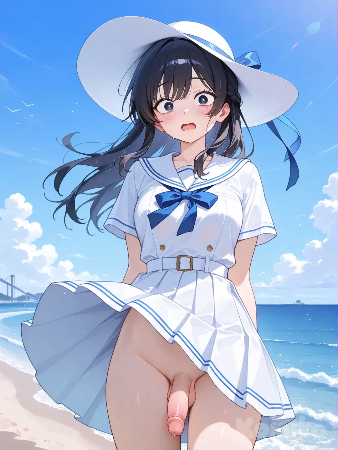 伪娘，黑色散发，夏季海边公路背景，带有蓝色飘带的白色遮阳帽，白色水手连衣裙，裙子被风吹起，慌张的姿势，C罩杯，慌张的表情，不小心露出阴痉, [glossy-anime-style]