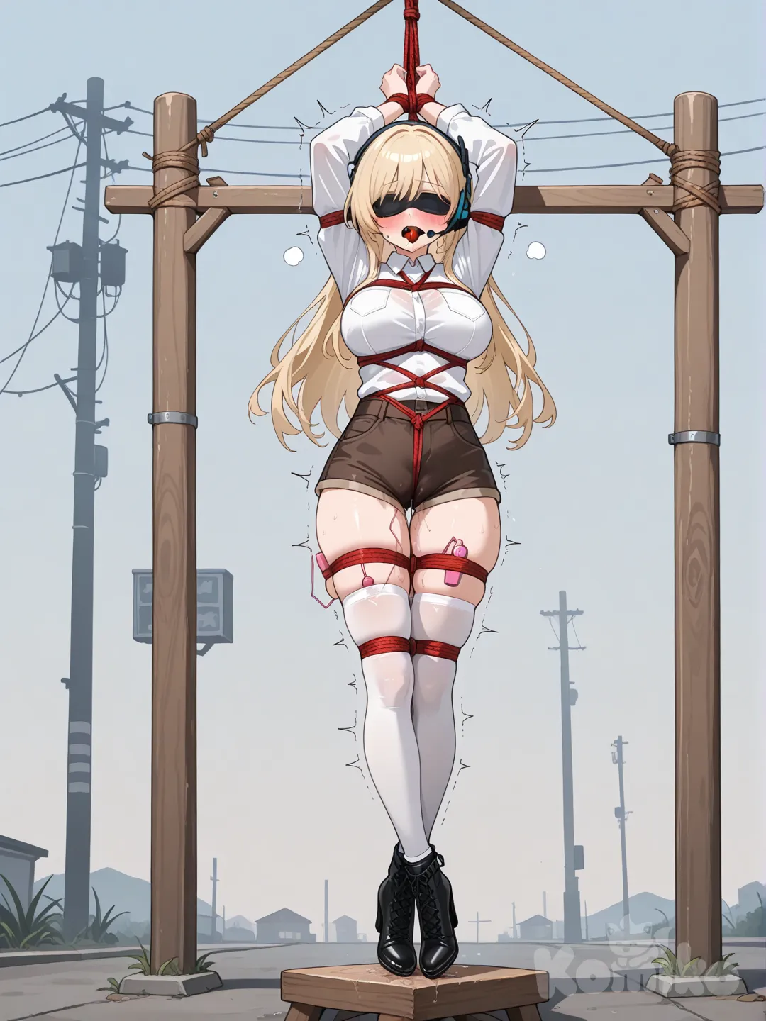 vibrator under clothes, collared shirt, over-kneehighs, ball gag, large breasts, orgasm, white socks, eye mask, pussy juice stain, brown shorts, denim shorts, crotch rope, tiptoes, cameltoe, moaning, shibari over clothes, crucifixion, crossed ankles, suspension, arms up, tight clothes, hanging in air, hanging, bound legs, non-floor, white shirt, crossed arms, long sleeves, headset, legs straight, legs together, utility pole, long hair, yellow hair, shibari, ankle sock boot, high heel boots