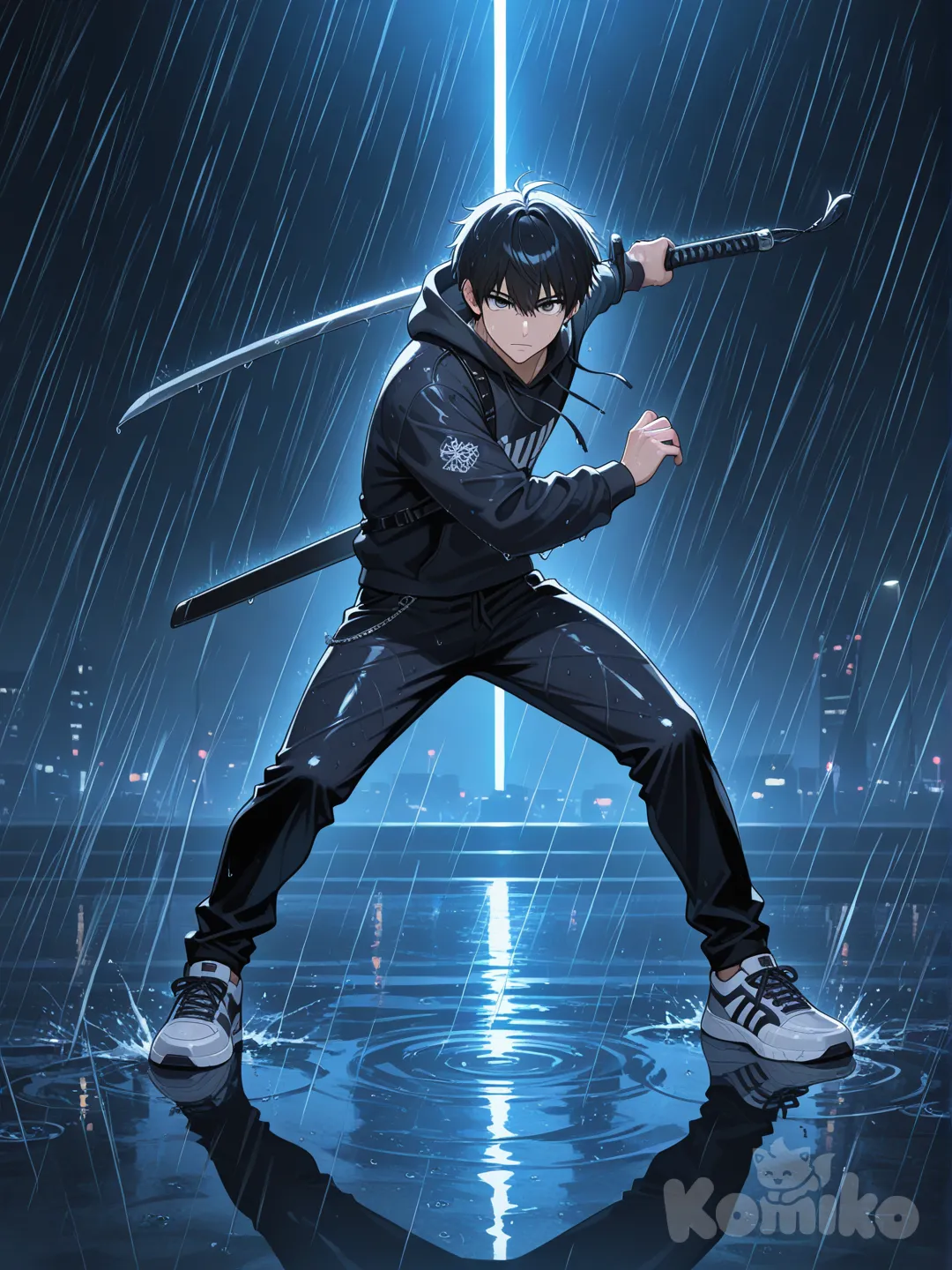 1boy, holding sword, hoodie, full body, cinematic lighting, rainy, casual pants