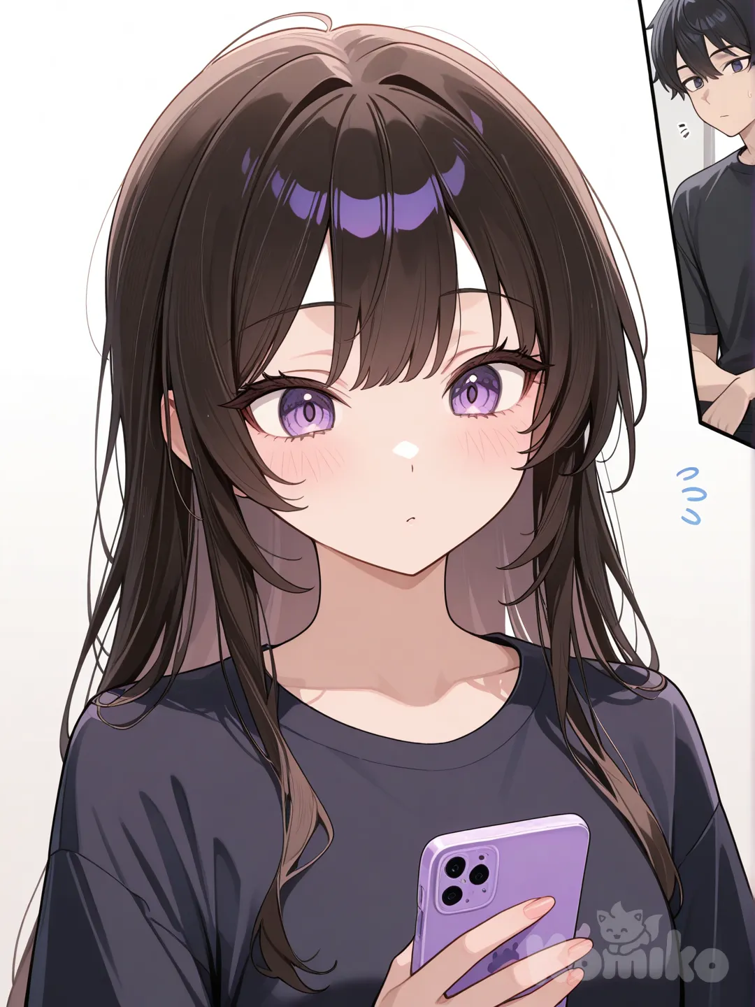 1boy, 1girl, 2people, looking at phone, t-shirt, closeup