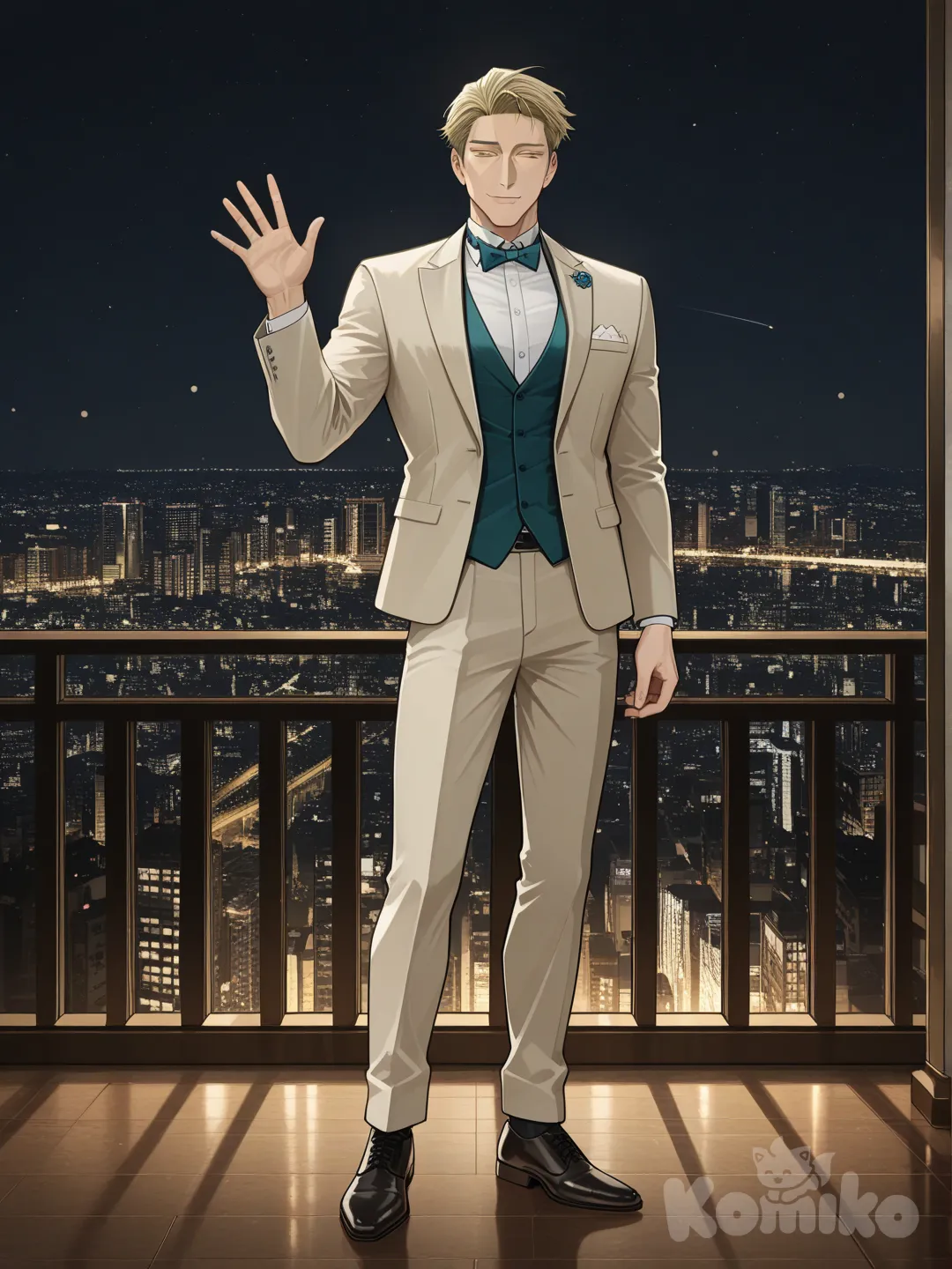 @Nanami_Kento, waving, smile, tuxedo, full body, city lights, skyscraper