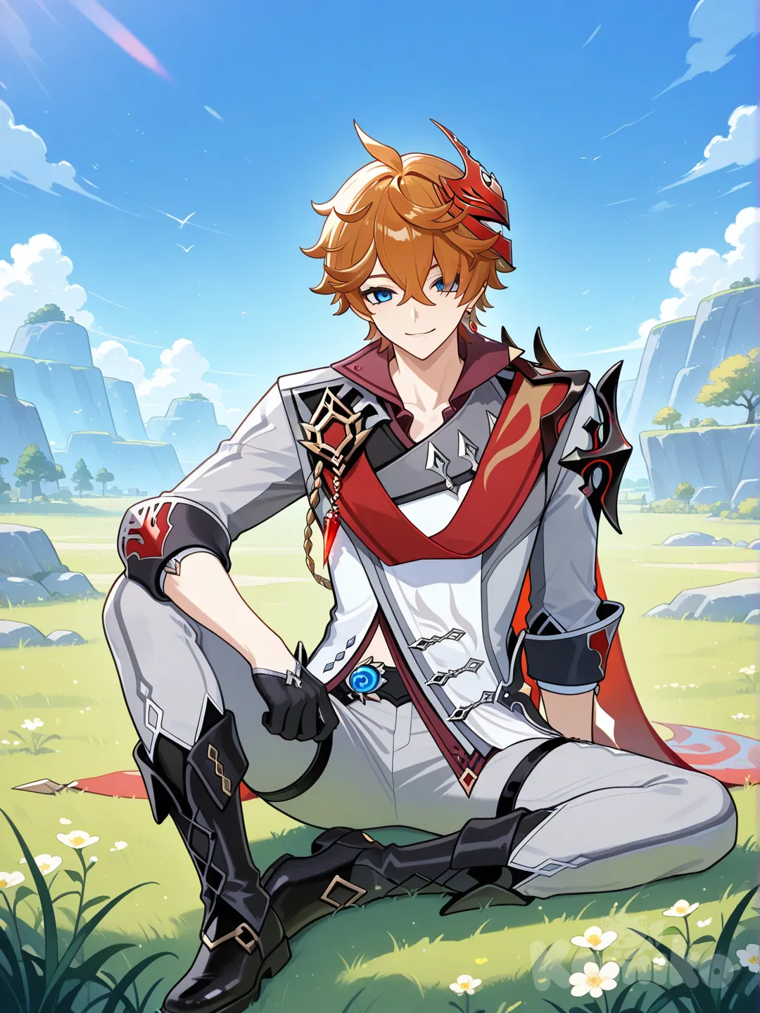 Tartaglia_(Genshin_Impact), sitting on the ground, blue sky