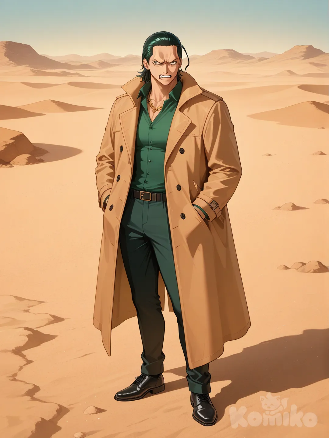 @Crocodile_(One_Piece), hands in pockets, angry, desert