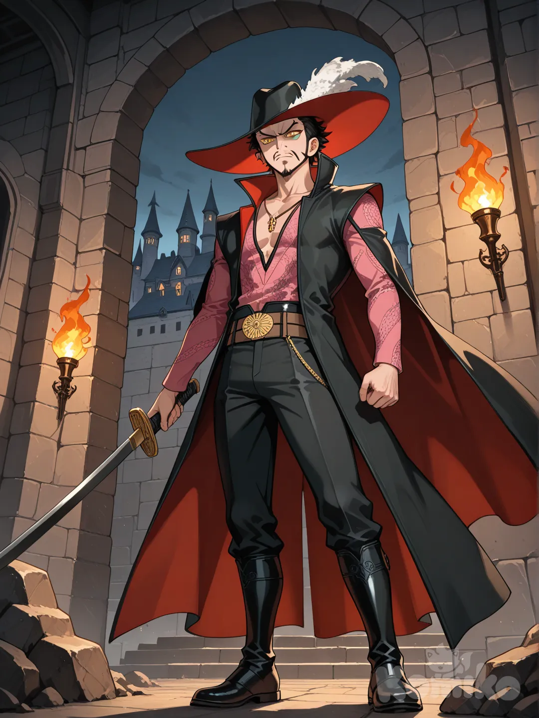 @Dracule_Mihawk, holding sword, angry, castle