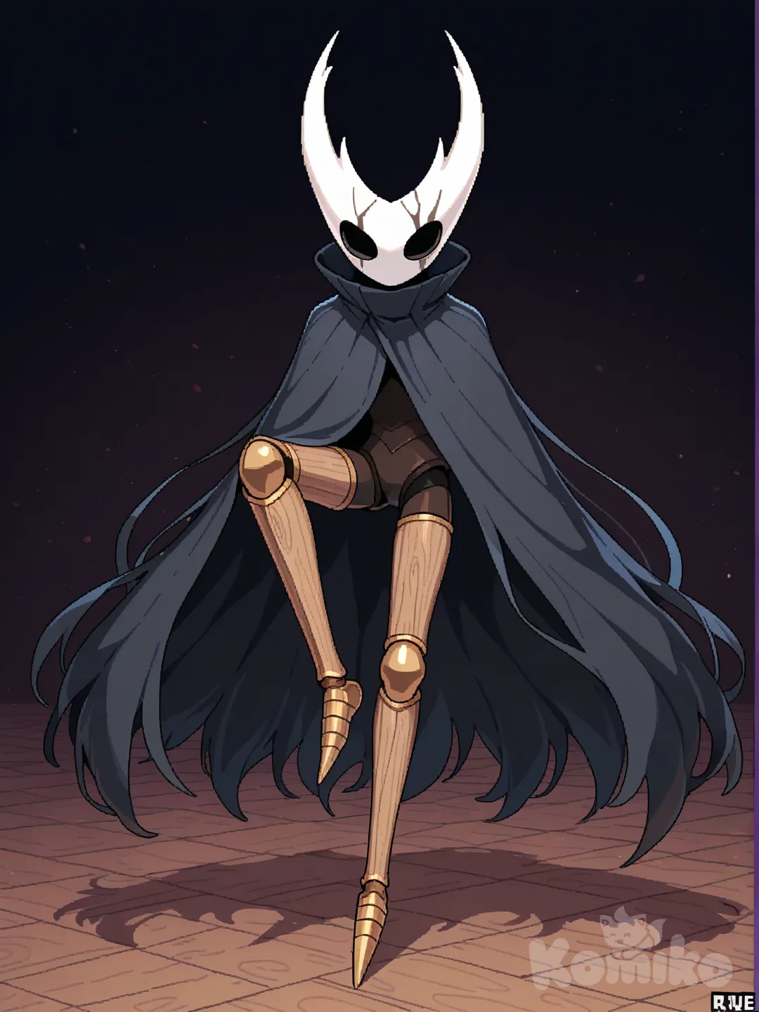 Chinche macho, color marron oscuro y espalda negra ,una capa negra,dos patas de daltamonted una con una pata de palo de el muslo asta abajo,vercion juego ,mascara blanca forma rombo,vercion Team Cherry