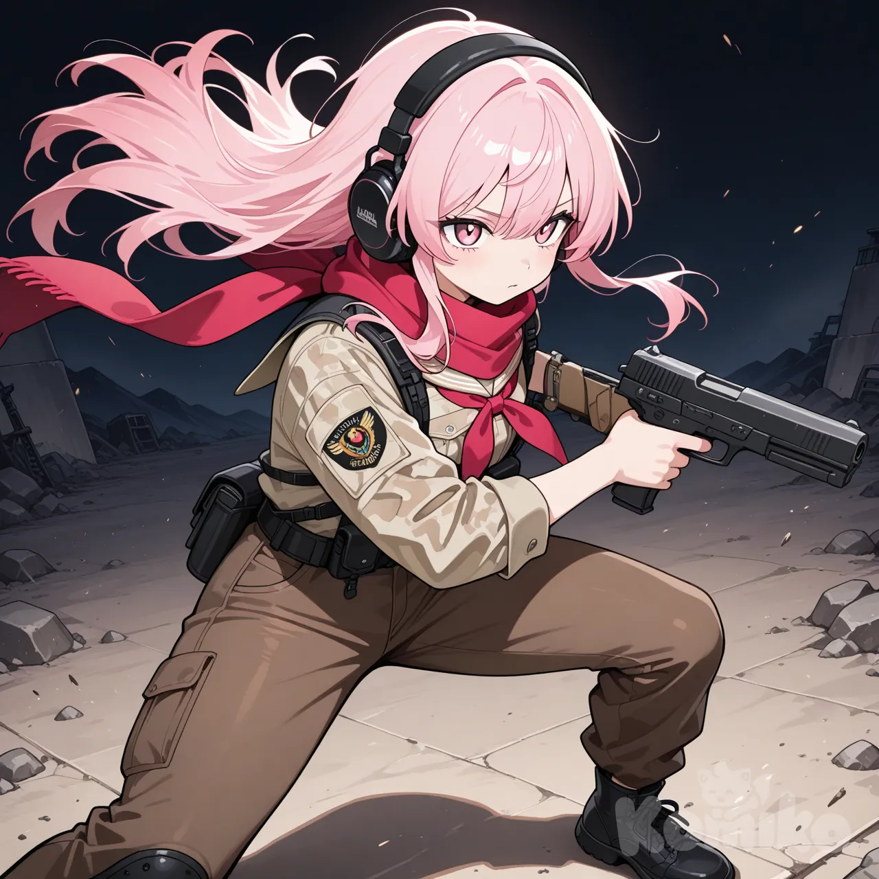 personaje demenino anime, ojos rosados, cabello rosado largo, camiseta de soldado, jeans cafe, con un arma de fuego futurista, audifonos grandes puestos en sus orejas, pañoleta roja amarada en el cuello, pose de batalla super epica.