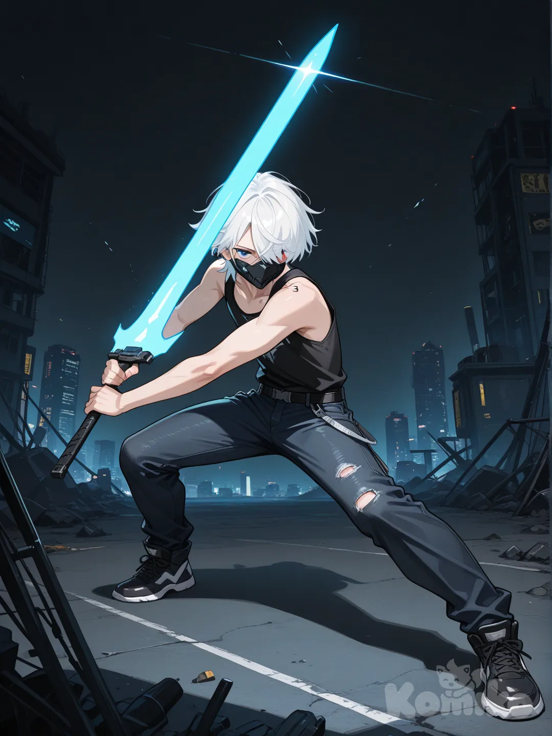 un chico adolescente, cabello medio corto, de color blanco que le cubre el ojo derecho, el ojo izquierdo azul con la mirada seria, tiene una mascarilla futurista y epica de color negro, camiseta sin manga y jeans de colores negro, con un arma blanca grande que carga en su brazo derecho y que expulse rayos en la espada y posicion de ataque..