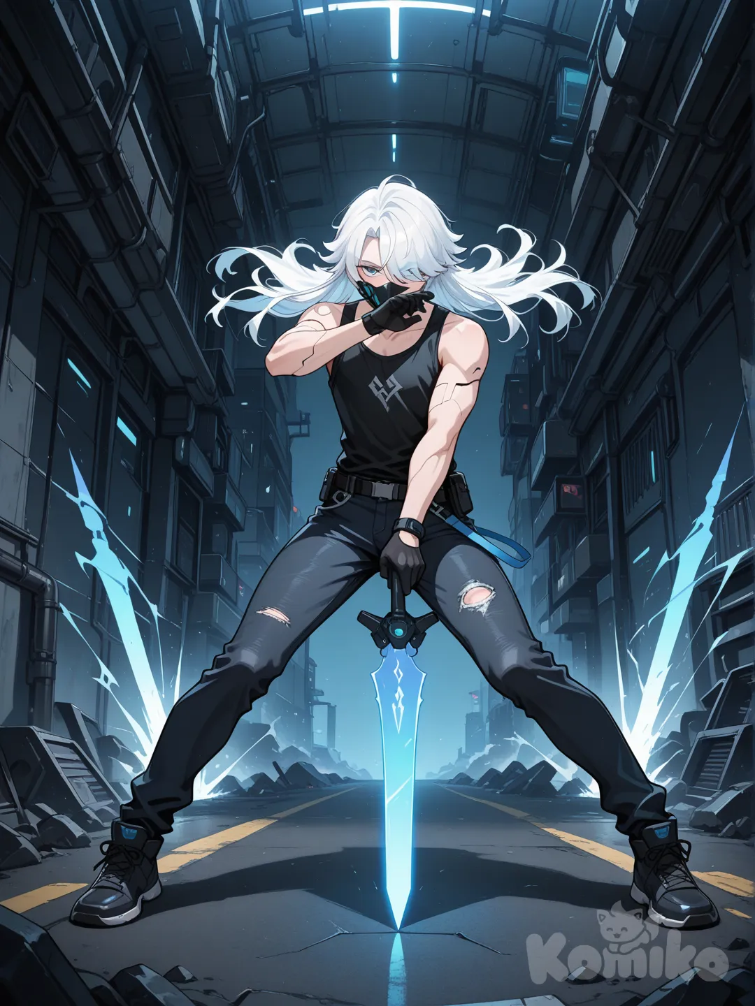 un chico adolescente, cabello blanco que le cubre el ojo derecho, el ojo izquierdo azul con la mirada seria, tiene una mascarilla futurista y epica de color negro, camiseta sin manga y jeans de colores negro, con un arma blanca grande que carga en su brazo derecho y que expulse rayos en la espeda y posicion de ataque..