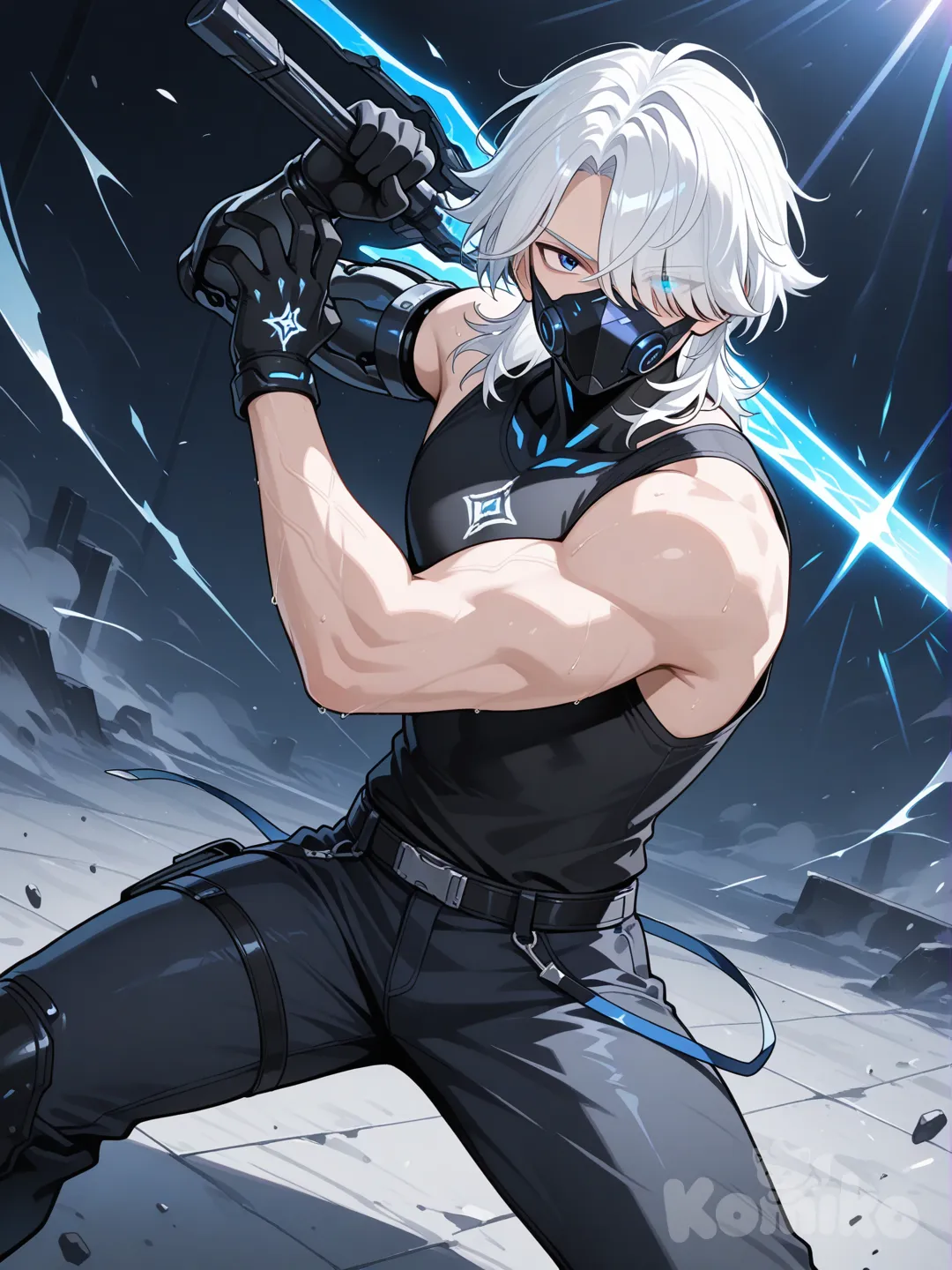 un chico adolescente, cabello medio corto, de color blanco que le cubre el ojo derecho, el ojo izquierdo azul con la mirada seria, cuerpo atlético, tiene una mascarilla futurista y epica de color negro, camiseta sin manga y jeans de colores negro, con un arma blanca grande que carga en su brazo derecho y que expulse rayos en la espada y posicion de ataque..
