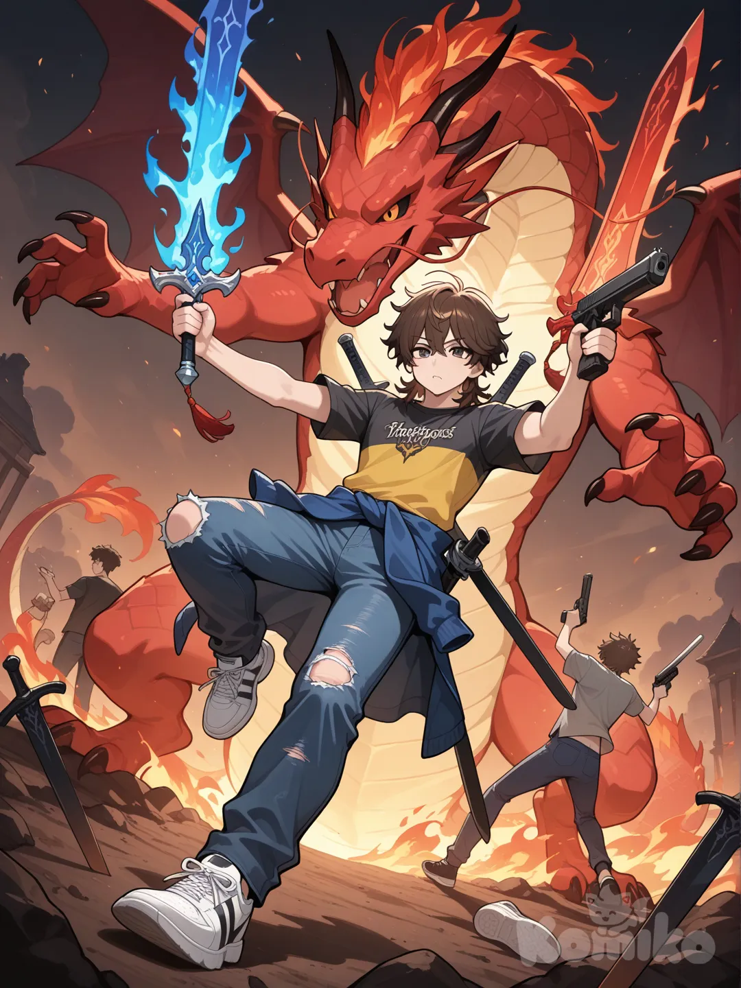 Un chico adolescente, cabello medio corto desordenado y puntiagudo de color café, ojos de color café, con camisa manga corta, las mangas son de color negro y el resto es gris, jeans de color azul oscuro, con dos espadas de fuego en la espalda, uno de fuego rojo y otro de fuego azul, con dos pistolas en la mano, zapatos deportivos viejos y poquito rotos, con una camisa manga larga atada en su cintura de colores azul, amarillo y negro
Cuerpo atlético y alrededor de él, dragones de llamas azul y rojo